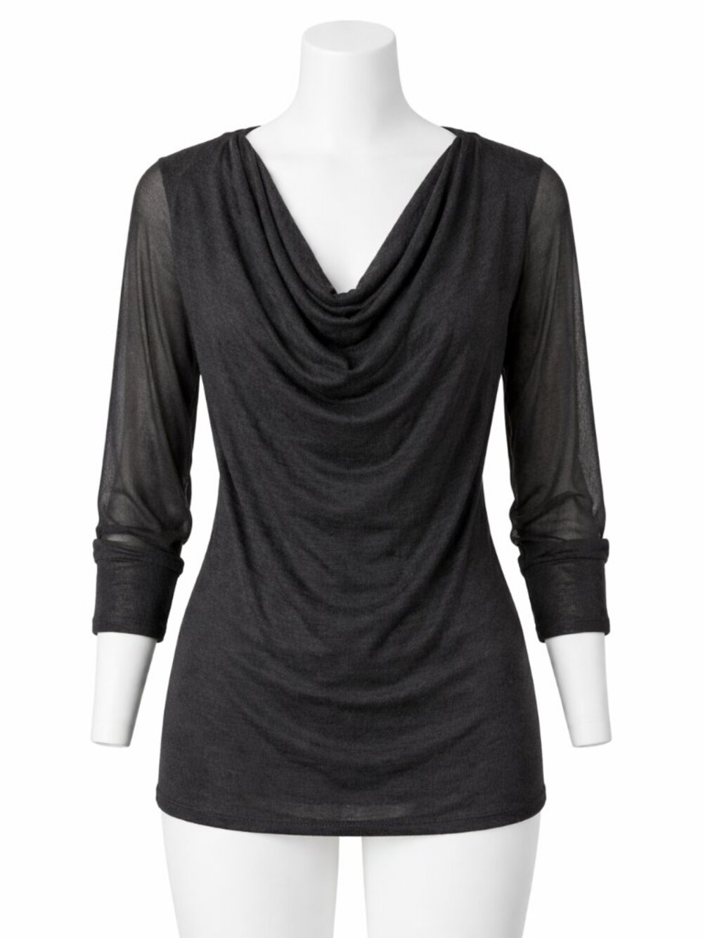 Red Haute Draped Cowl Neck Top M Sheer Sleeve Charcoal Gray Blouse - Picture 2 of 6
